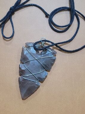 Handmade Wire Wrapped Stone Pendant Necklace Gray Natural Stone Adjustable Cord